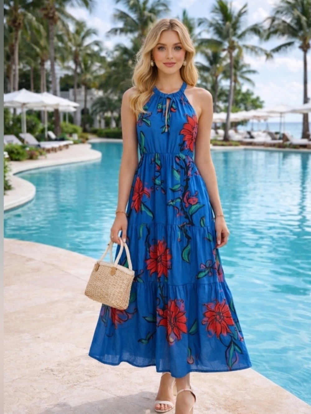 Anthropologie Ro’s Garden Valley Halter Blue Floral Maxi Dress size Small